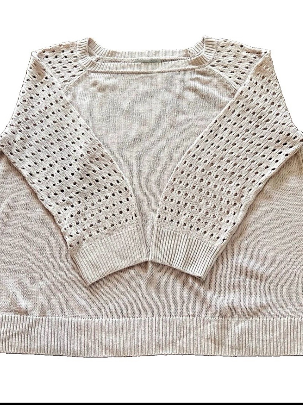 Halogen Beige Open-Knit Sleeve Crewneck Sweater